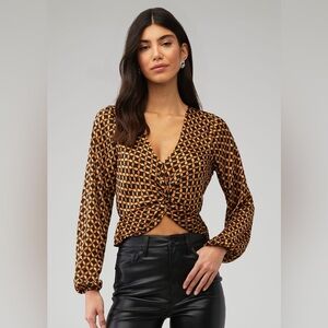 NWT MINKPINK Valentina Black Tan Floral Twist Satin Blouse Balloon Sleeve XS